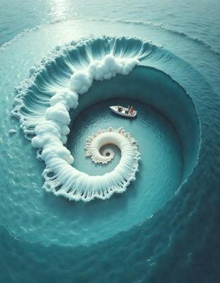 The primary subject of the image is a spiral-shaped object, possibly a shell or a whirlpool, with a boat floating in the middle of it. The setting is a body of water, and the visual style appears to be a digital art or illustration. The dominant colors in the image are blue and white, creating a serene and calming atmosphere.